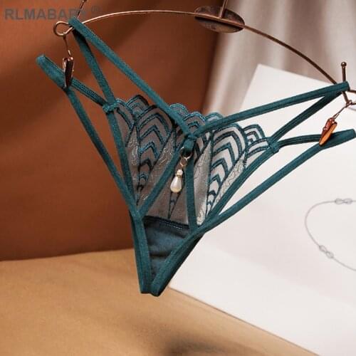 Sexy Embroidery Transparent Back Pearl Tassel G-String Low Waist Hollow Out Underwear Briefs Panties Fashion Hot Girl Mesh Thong