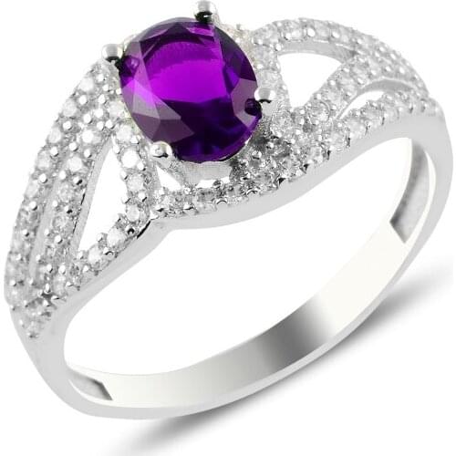 Silver 925 Sterling Amethyst Zircon Engagement Ring