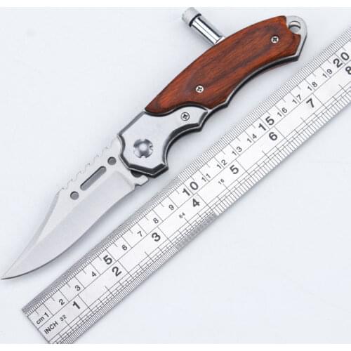 Wood Handle 7.80'' Folding Knife Survival Tactical Pocket Knife Outdoor Camping Hunting Knives With Led Light Self-defense Tools