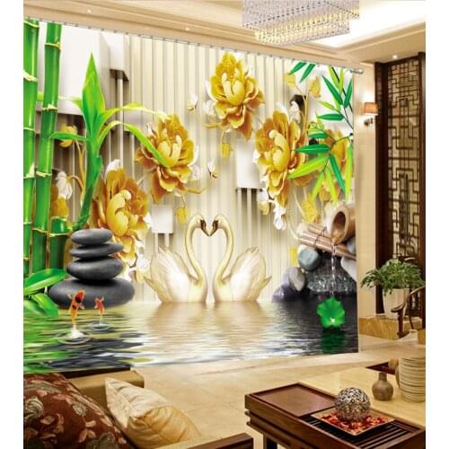 Modern Living Room Curtains 3D Curtains Bamboo Peony Swan Bedroom Curtain Patterns Photo Print Curtains