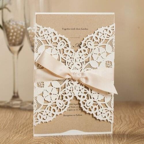 100pcs WISHMADE Laser Cut Wedding Invitations with White Navy Blue Floral Invites Cards for Wedding Party Supplies, Customizable