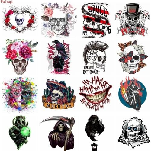 Pulaqi Terror Skull Iron On Transfer Vinyl Heat Transfer Patches For Clothes Stripe PVC Patches Sticker Stranger Things Applique