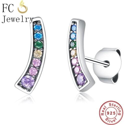 FC Jewelry 925 Sterling Silver Geometric Rainbow Pink Cubic Zircon Crystal Climber Stud Earring Women Girl Baby Kid Brinco 2019