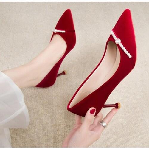 Spring Elegant Red Women High Heel Pointed Toe Fashion Pearl Thin Heels Flock Slip-On Bride Wedding Shoes Femme Zapatos De Mujer