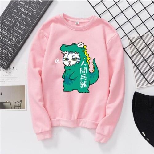 Womens Jumper Autumn And Winter Round Neck Loose Long Sleeve Top Dinosaur Cat Print Pullover Plus Velvet Oversized Hoodie
