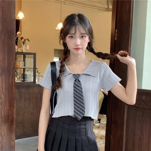 Cute Crop Top Women Summer 2021 Korean Style Streetwear Striped Tie Turn Down Collar Short Sleeve Bodycon Knit T-shirt T693