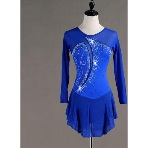 Modern Ice Skating Dress Women/Girls Long Sleeve Royal Blue Shiny Crystal Costumes Ballroom Dance Competition Dresses DQL3271