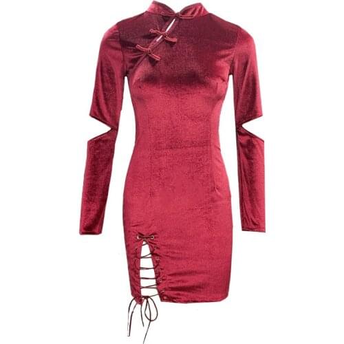 AIYANGA Black Red Vintage Gothic Dresses Harajuku Spring 2020 Lace Up Women Dress Button Long sleeve Hollow Sexy Velvet Vestidos