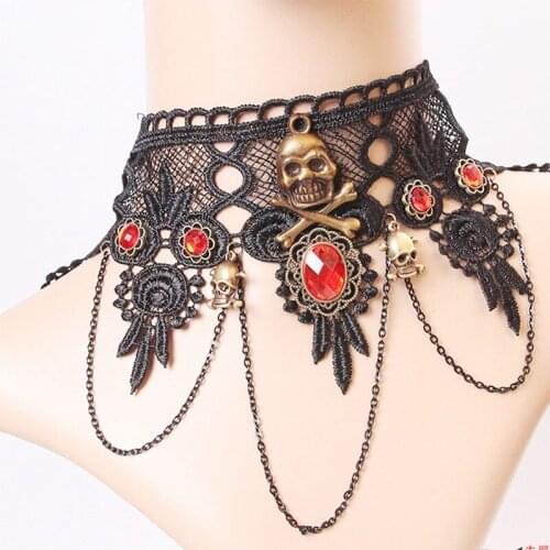 12 Pieces/Lot Black Charm Chokers Women Gothic Jewelry Skeleton Hollow Flower Lace Chokers Halloween Prom Accessories Link Chain