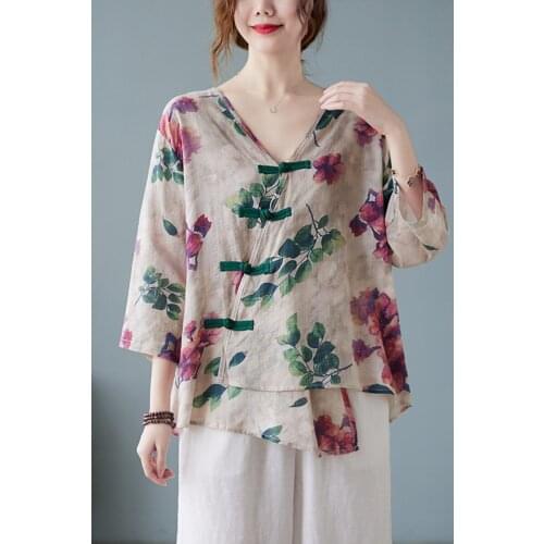 2021 chinese traditional top v neck women floral printing hanfu top medium sleeve cheongsam style blouse oriental tang suit