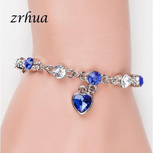 Antique Silver Color Charm Bracelet & Bangle Elegant Heart Crystal Women Wedding Jewelry Sparkly Blue Cubic Zircon Bijoux