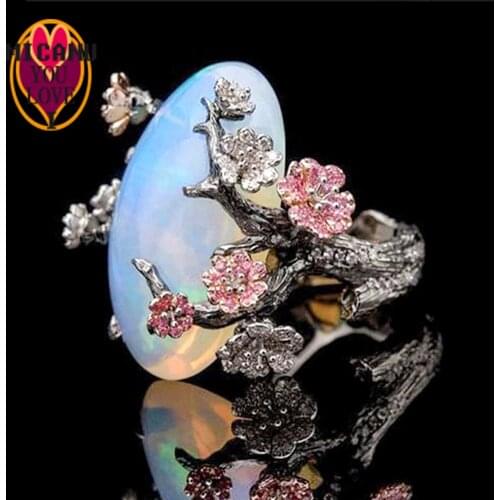 Ring Opal Moonstone Luxury Flower Moon Vintage Angel Women Men Sets Wedding Engagement Sale Jewelry Accesorios Glow in the Dark