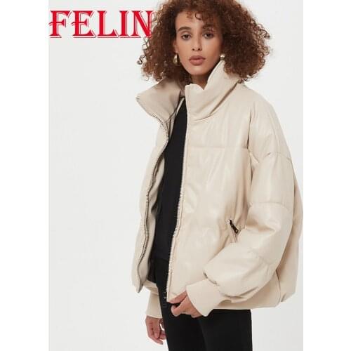 Za 2021 Women Chic White PU Leather Oversized Casual Jackets Pockets Zipper Thicken Winter Parkers Elegant Women Outwear