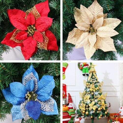 Small Mini Christmas Party Tree Floral Decorations Poinsettia Glitter Flower Gold Bow Clip On Xmas Tree Decor Dried flowers