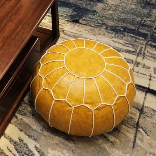 Moroccan PU Leather Pouf Embroider Craft Ottoman Footstool Round 55*35cm Artificial Leather Unstuffed Cushion Home Modern
