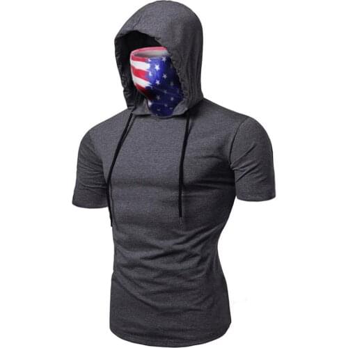 Mens short sleeve hoodies with mask USA flag printed men causal stretch slim fitness t shirt summer solid hip hop sweatshirt