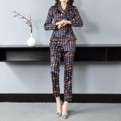 New Women Colorful Printed Suits Two Piece Pants Blazer Set Slim Fit Ankle Length Office Ladies Work Costume Femme Outfits Suit