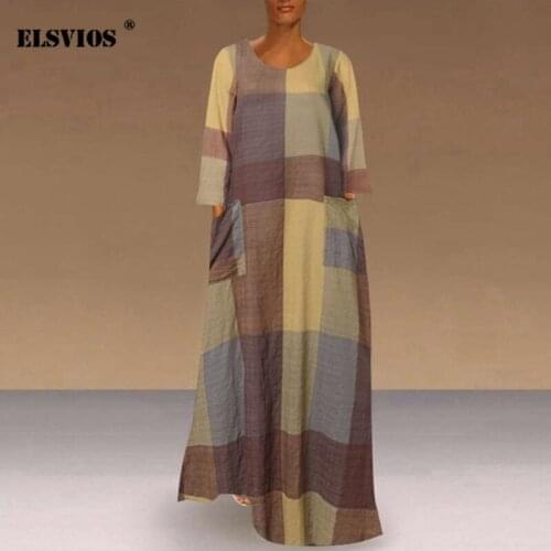 Autumn Fashion Female O Neck Retro Lattice Print Dresses Loose Cotton Linen Long Sleeves Dresses Elegant Casual Pocket Dresses