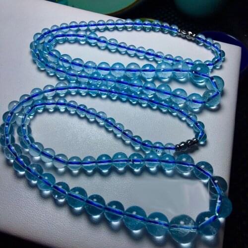 Natural Blue Topaz Gemstone Necklace Crystal Clear Round Beads Women 6-12mm Man Long Chain AAAAAA Certficate