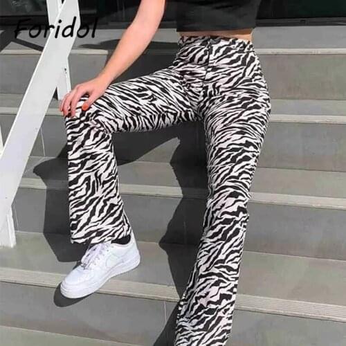 Foridol Zebra Print Straight Pants Casual Women Long Pants Trousers High Waist Streetwear Harajuku Pants for Women 2021