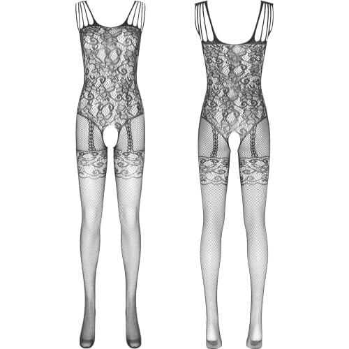 Sexy Women See-through Hollow Out Fishnet Bodystocking Floral Pattern Crotchless Pantyhose Bodysuit Tights Sleeveless Nightwear