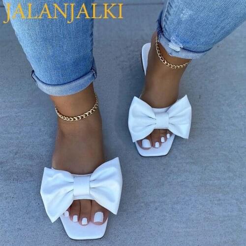 JALANJALKI Summer Women Slippers Big Size 35-43 Outdoor Flat Sole Femal Flip-flop Bow-knot Women Slides Non-slip Ladies Sandals