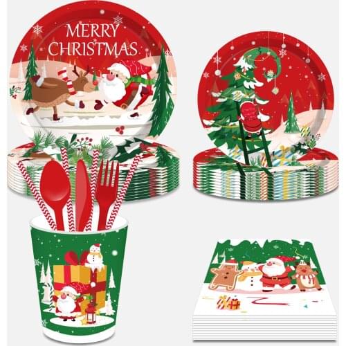 2022 Year Merry Christmas Santa Claus Plate/Cup/Knife/Spoon/Fork/Napkin/Straw Disposable Party Tableware Set New Year Xmas Party