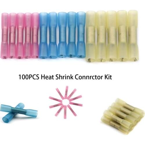 100PCS/set Heat Shrink Butt Crimp Terminals 3 Sizes Insulated Electrical Wire Cable Connectors Red Blue Yellow For 22-10 AWG