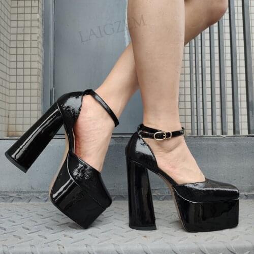 LAIGZEM FASHION Women Platform Pumps GENUINE LEATHER Thick Chunky Heels Sandals Black Female Shoes Woman Handmade Size 36 37 39