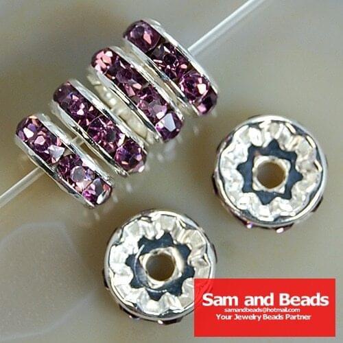 Top quality ! Crystal Rhinestone Rondelle Spacer Beads Silver Free Shipping 100Pcs Wholesale Amethyst