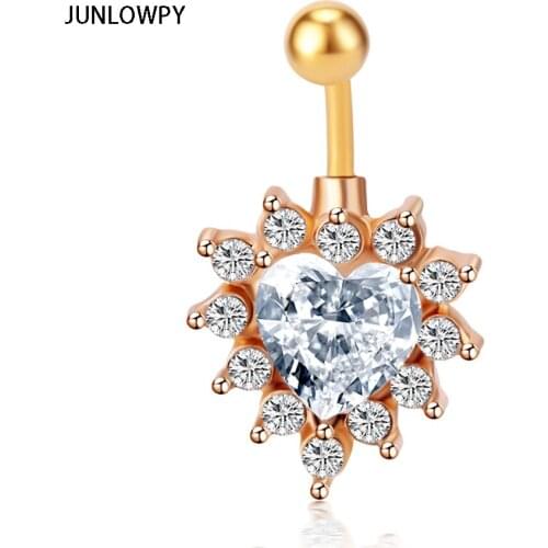 JUNLOWPY Heart Clear CZ Gem Belly Button Ring Navel Bar Piercing Banana Body Jewelry Navel Belly Button Ring Women Girl