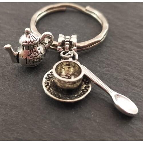 1Pc Handmade Tea pot And Cup Pendant Keychain Finding Tea Time Women Gift Keyring Jewelry Wholesale