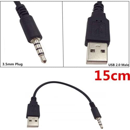 3.5mm Male AUX Audio Plug Jack to USB 2.0 Male Converter Charge Cable Adapter Data Cord Black 0.15m