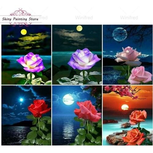DIY 5D Diamond Painting Red Pink Purple Rose Flower Moon Lake Night Scenery Diamond Embroidery Landscape Home Decoration Gift