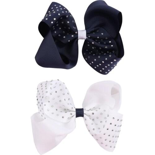 2Pcs/lot 5" Solid Navy Ribbon Grosgrain Hair Bows With Rhinestone For Girls 2 Colors Hair Bow For School Girls Hair Accessories