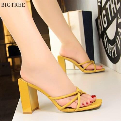 BIGTREE Square Heel Retro Womens Outdoor Slippers Solid PU Platfrom Open Toe Women Fashion Cut-Outs High Heels Slippers Summer