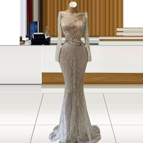Glitter Luxury Sheer Long Sleeves Mermaid Evening Dress платье 2021 нарядные sukienki wizytowe Silver Party Dress