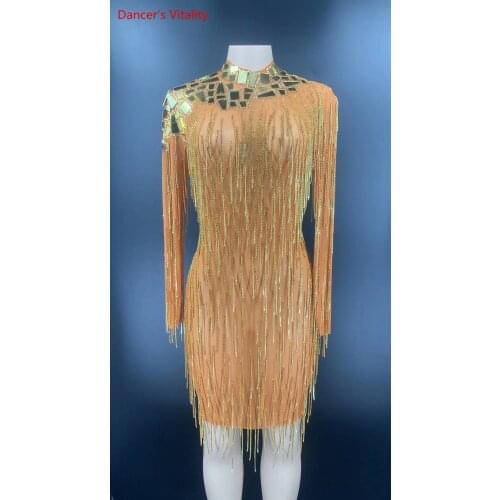 Glittering golden rhinestone tassel transparent mirror long dress birthday celebration prom dress ladies ballerina dress