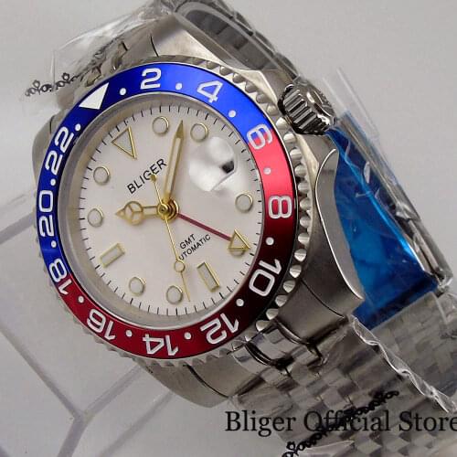 BLIGER Brand Wristwatch GMT Mechanical Movement Gold Plated Jubilee Strap Sapphire Crystal BLUE RED Insert