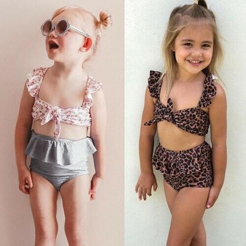 Kids Girl High Waist Leopard Swimwear Swimming Bikini Set Lace Up Ruffle Swimsuit Beachwear Two-Piece Suits Swim Outfits
