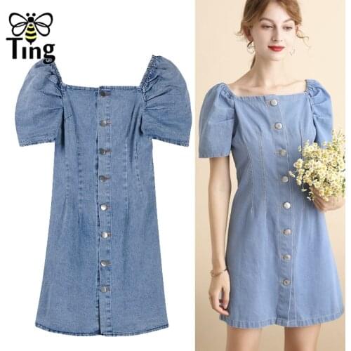 Tingfly Summer Fashion Puff Sleeve Single Breasted Denim Mini Dress Vintage Casual Short Denim Dress Vetement Femme Aesthetic ZA