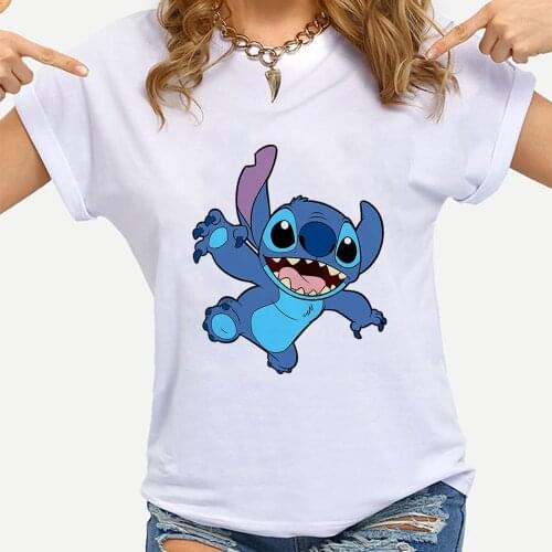 Disney 2021 New Summer Lilo & Stitch T Shirt Women Soft Free Loose Hot Sale Solid Fresh Casual Natural Short Basic Shirts
