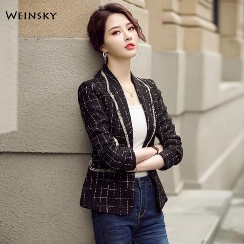 Classic Vintage Plaid Business Interview Suits Ladies Work Office Ladies Long Sleeve Blazer