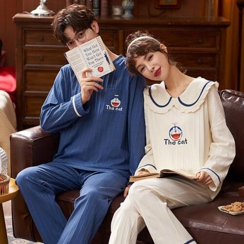 Couple Long Sleeve Thick Warm Cotton Pajamas Set Cute Japan Anime Doraemon Men Women Sleepwear Autumn Winter Couples Home Suits