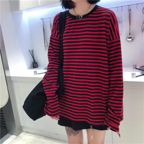 Women Men Fashion Brand Korea Style Vintage Black Red Stripe Ulzzang Harajuku O-neck Long Sleeve T-shirts Female Casual Tshirts