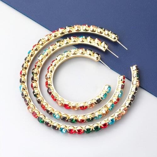 Fashion Metal Rhinestone Round Open Earrings Womens Popular Exaggerated Hoop Earrings Party Accessories