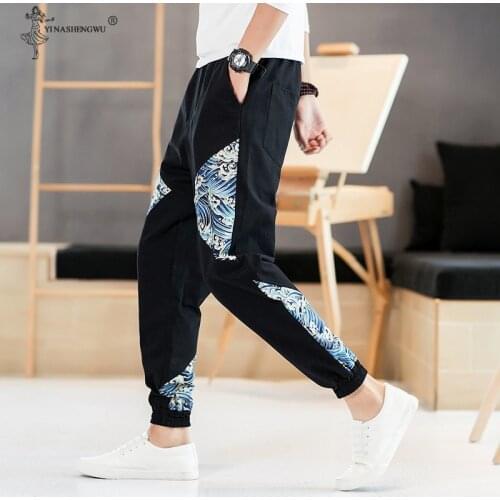 Men Pants Japanese Style Samurai Kimono Homme Chinese Clothing Print Wave Cotton Loose Plus Bottoms Adults Trousers Plus Size