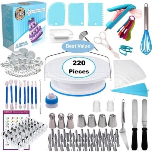 220pcs/lot Cake Decorating Tools Kit Turntable set Cream Pastry Nozzles Confectionery Bags Icing Piping Nozzles Tips Baking Tool
