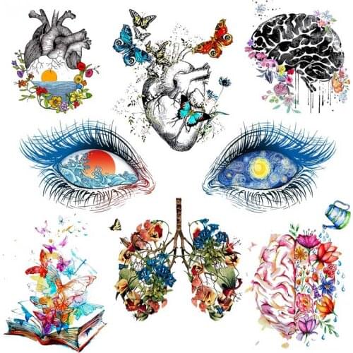 Punk Skull Iron-On Transfers Heart Brain Butterfly Lung Eyes Heat Transfer PVC Patch For Clothes T-shirt Ironing Stickers DIY