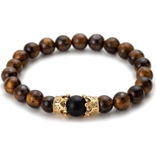 Natural Tiger Eye Beads Handmade Beaded King Crown Bracelet 8mm Lava Stone Healing Balance Mens Womens Couple Jewelry